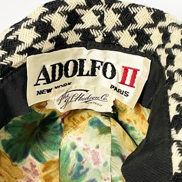 Vintage Adolfo Hat & Scarf Set 2pc Black & White Houndstooth Knit Fringe Rare main image 4